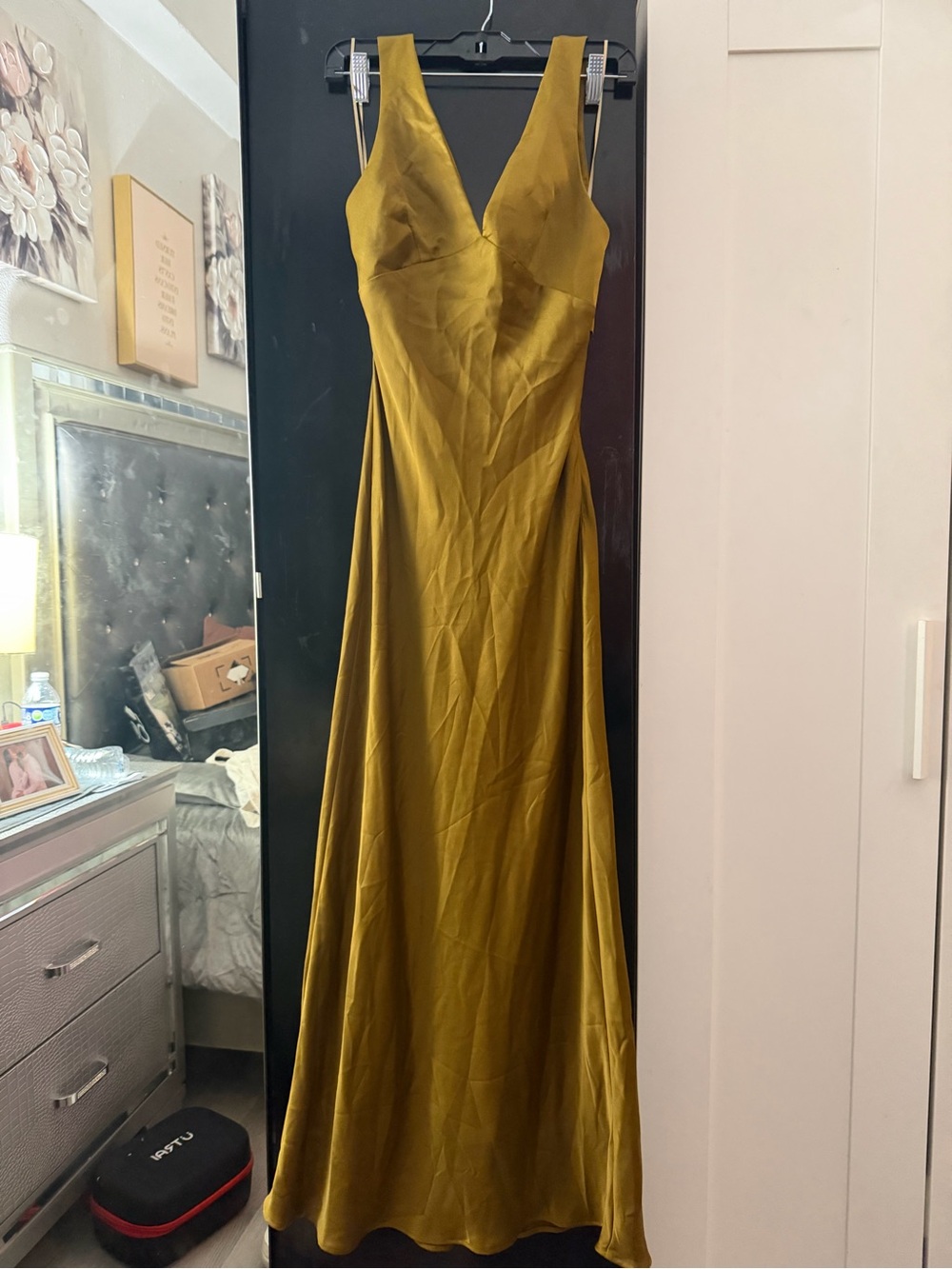Zara Olive Satin V-Neck Maxi Dress - Picture 8 of 10
